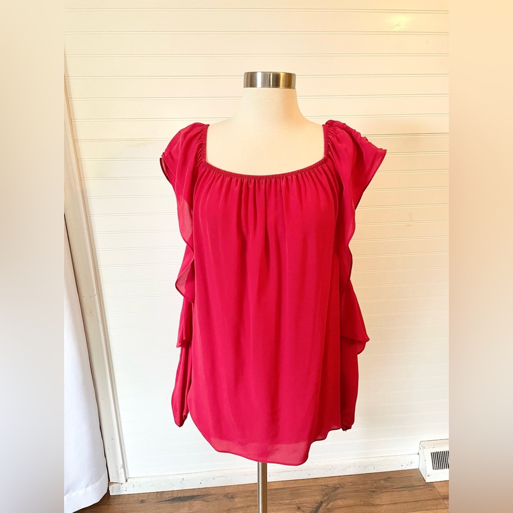 Mika Mindel 100% Silk Lynn Red Cold Shoulder Ruffle Blouse NEW Large $149